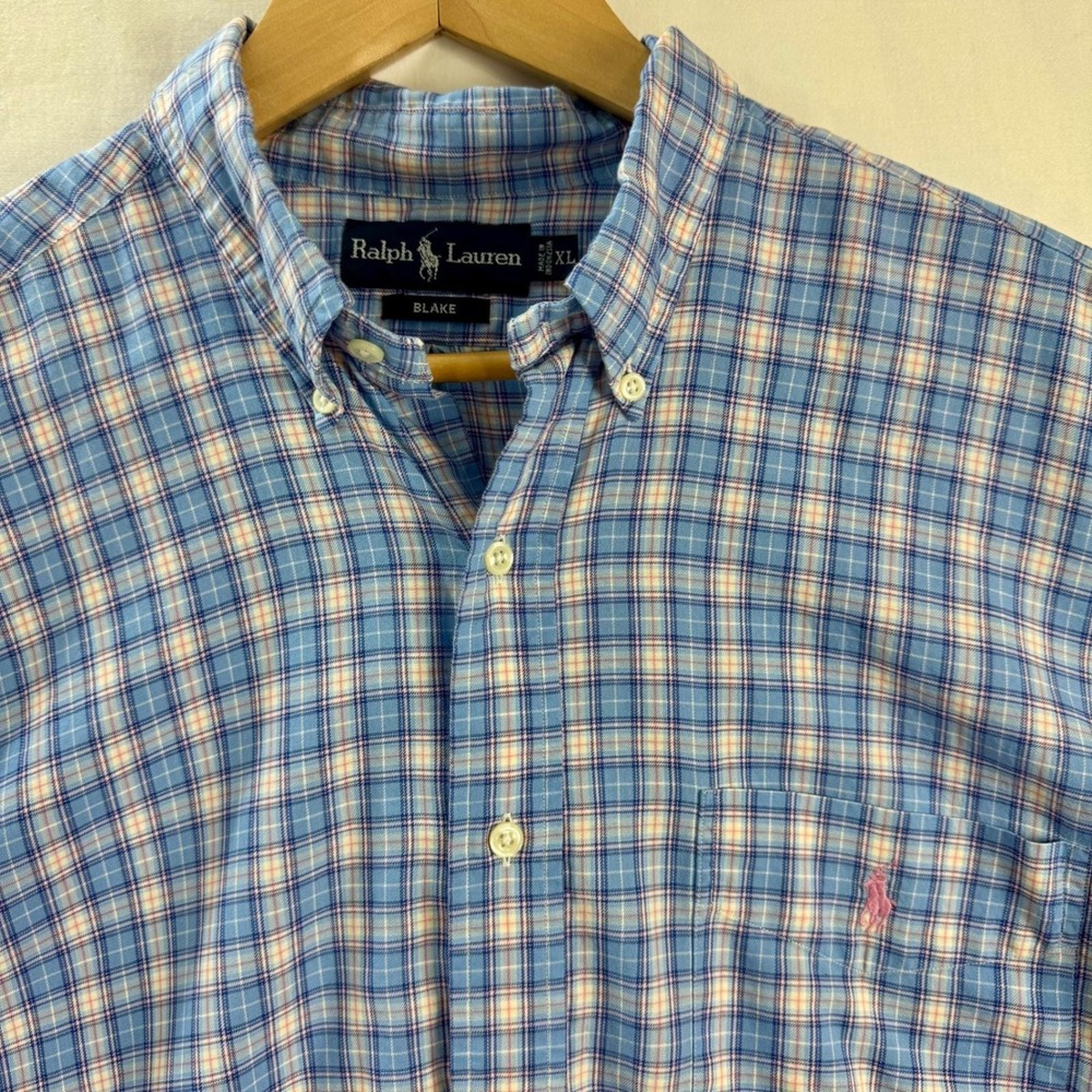 Y2K Ralph Lauren Blake XL Blue‎ Plaid Button Down Pink Blue Cotton Pony - Picture 2 of 10